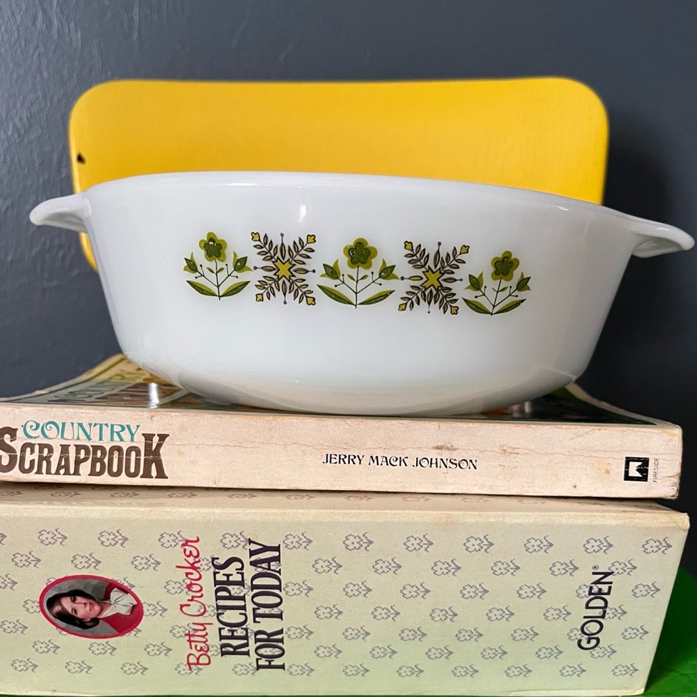 Vintage Fire King Meadow Green Casserole dish